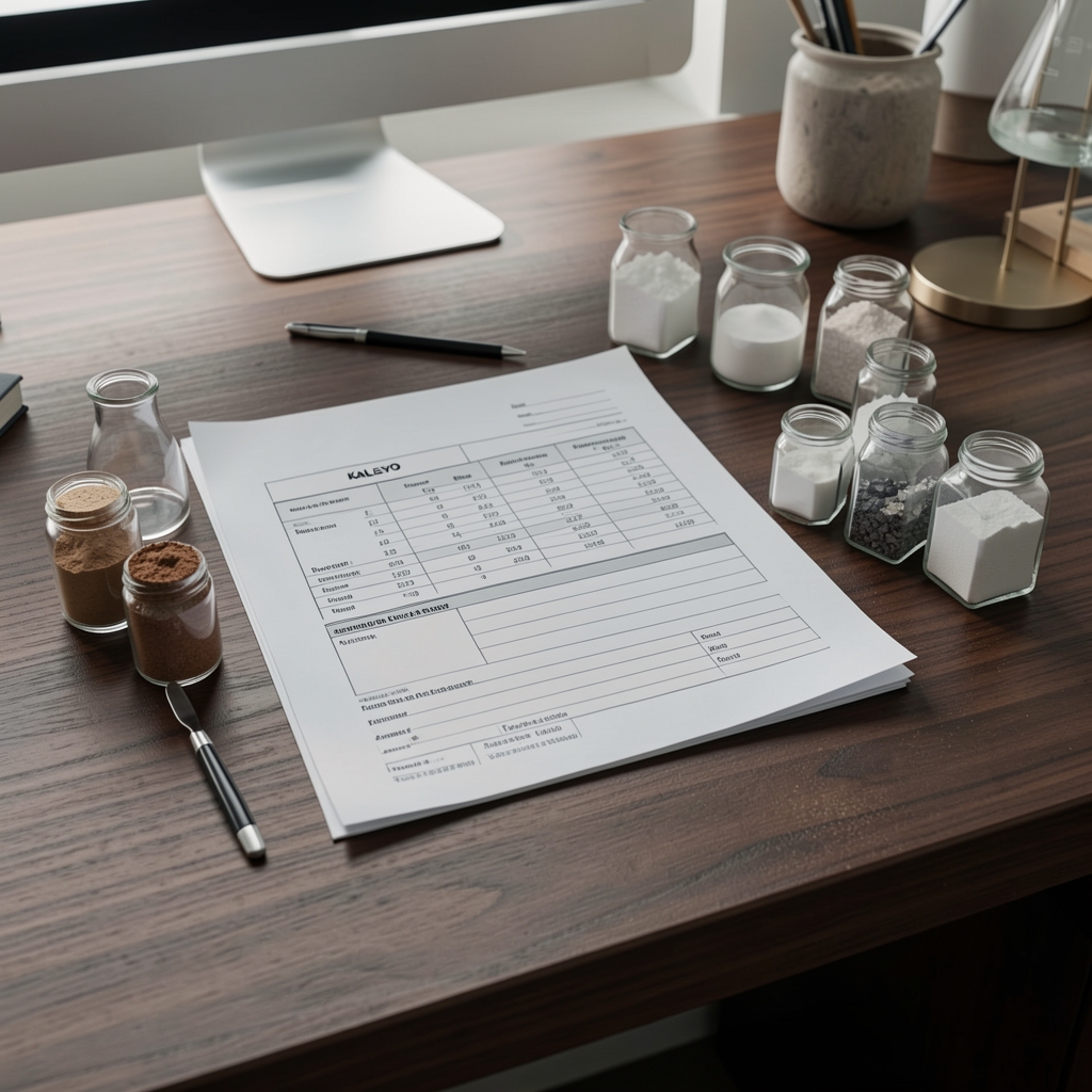 Sourcing documentation and mineral compound specification sheets laid flat on a wooden workspace table
