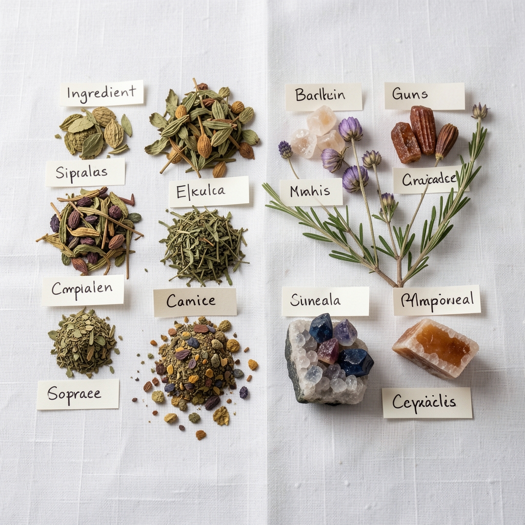 Dried botanical herbs and mineral compound samples arranged flat on a white linen surface with handwritten ingredient labels