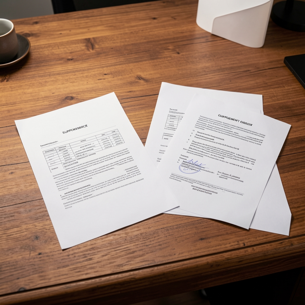 Supplement batch documentation papers and certificate of composition sheets spread on a wooden desk under controlled lighting