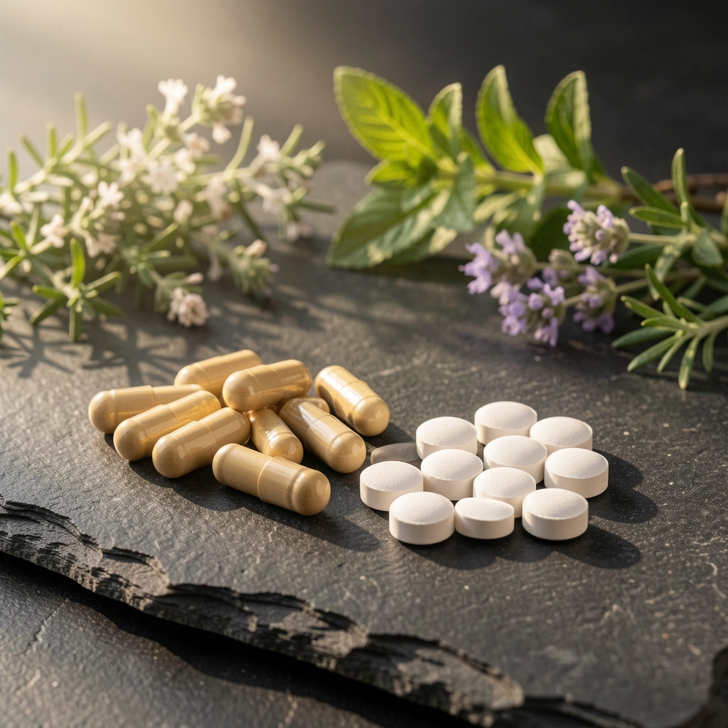 Natural supplement capsules and mineral tablets arranged on a dark stone surface with soft morning light, botanical herbs in the background