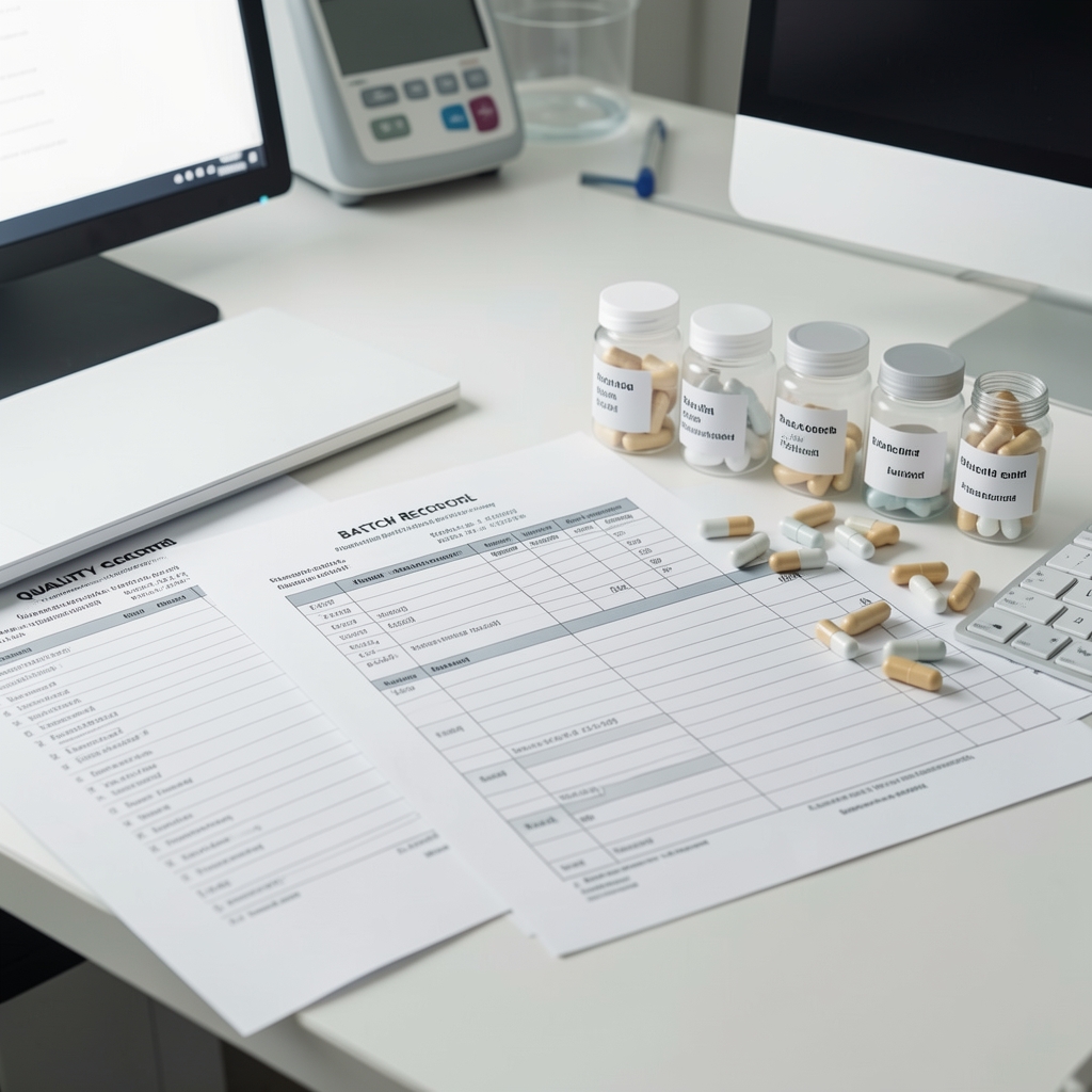 Quality-control documentation and batch record sheets spread across a desk with supplement capsule samples in small labelled containers in a clean workspace