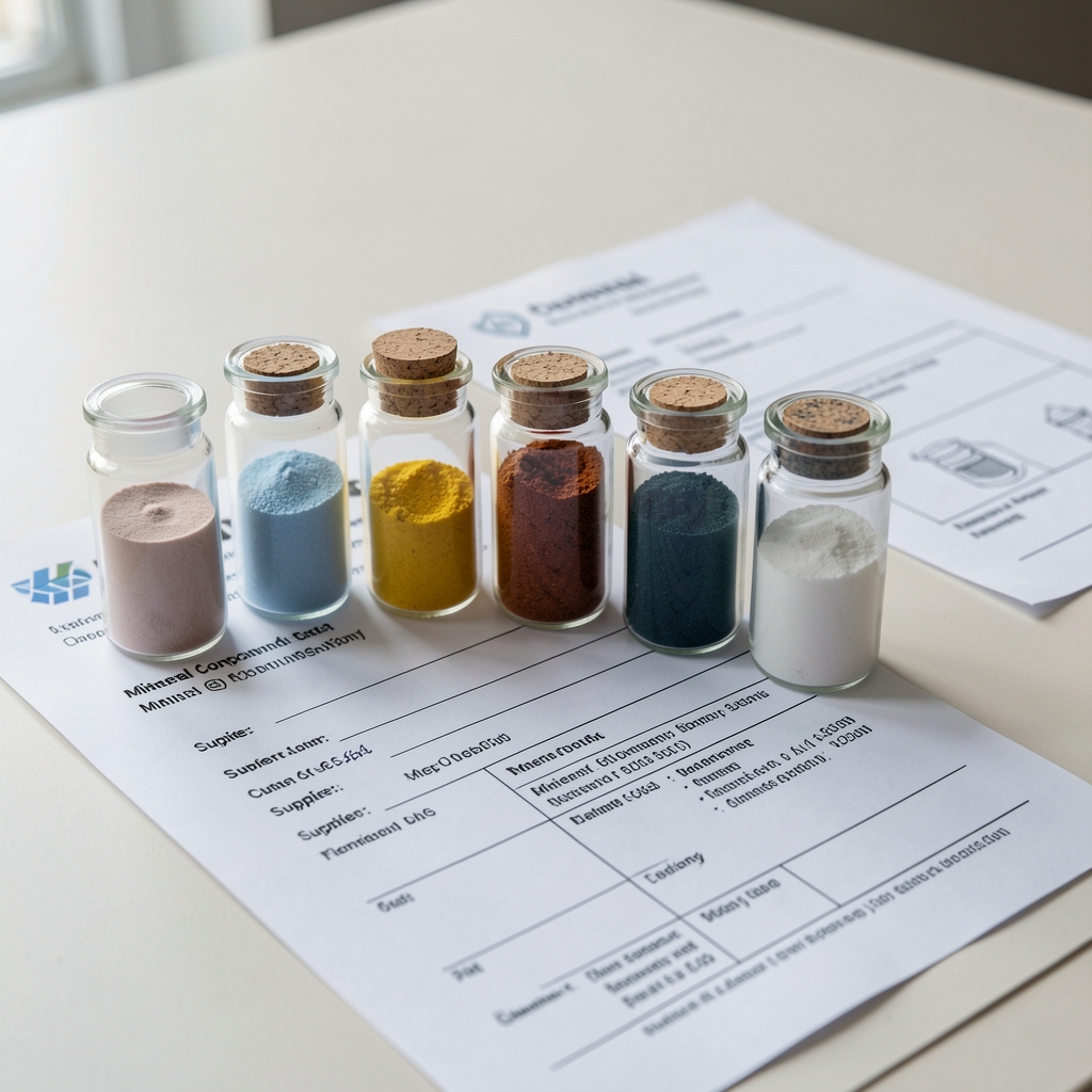 Mineral compound sourcing samples in glass vials on a light surface with printed supplier documentation and chain-of-custody records