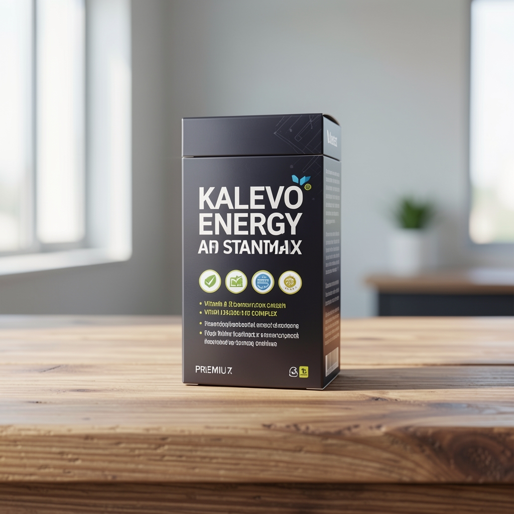 Brensano energy and stamina complex supplement with vitamin B complex in premium dark packaging on wooden surface
